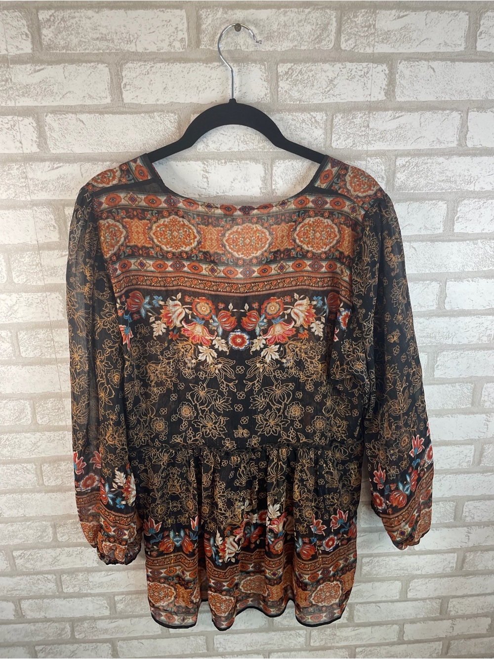 Rose + Olive Boho Floral Medallion Print Babydoll Blouse Size M - Picture 3 of 7